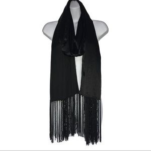 NWT Echo Black Beaded Fringe Poly Satin Wrap Scarf